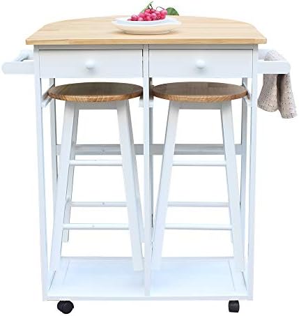 Modern dining cart with a table, stools, and space for home use.