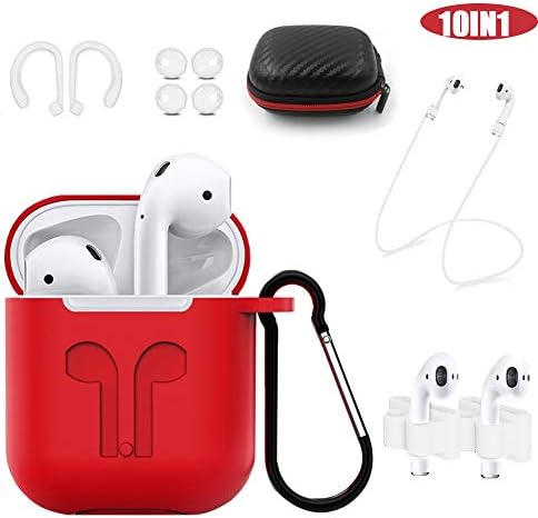 AirPods Case, YICTONE 10 in 1 AirPods Accessories Set Protective Silicone Cover and Skin Compatible Apple AirPods Charging Case with Watch Band Holder/Ear Hook/Keychain/Strap/Carrying Box(Red)