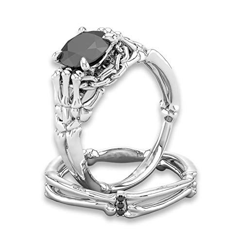 HOTSKULL 925 Sterling Silver Punk Ring Set Gothic Skeleton Round Cut Black Sapphire Diamond Jewelry Engagement Gift Wedding Band Rings
