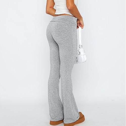 CALEBGAR WOMEN’S FOLD OVER WAIST YOGA PANTS LOW RISE LEGGINGS SLIM FIT FLARE PANTS WORKOUT CASUAL BOOTCUT PANTS GREY
