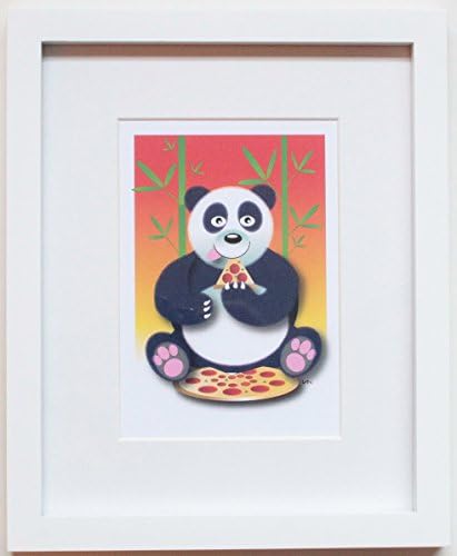 Pizza Panda, original framed nursery decor. 8x10inch white frame with mat. Hand signed by the artist. Like most of our designs, it's also available in a larger 11x14inch frame.