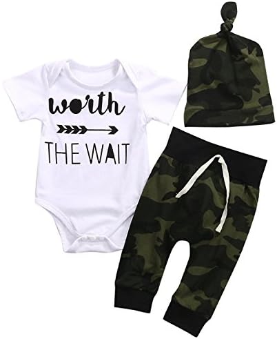 NESSALITD Cute 3pcs Newborn Baby Boys Letter Print Romper+Camouflage Pants+Hat Outfits Set
