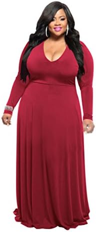 HPLY Women Casual Classy Long Dresses Sexy V Neck Plus Size Cocktail Party Dresses Red/3XL