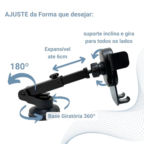 Suporte Celular para Carro, 360°, Antivibração, Antiqueda, Fixação Firme no Vidro e Painel Veicular Automotivo Universal, Compativel com todos os Celulares Apple iPhone Samsung Galaxy - Premium