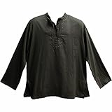 Men's Indian Yoga Mandarin Collar Gauze Cotton Embroidered Tunic Shirt Kurta (Large/XL, Black)