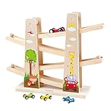 WOOKA Wooden Ramp Racer Race Track for Toddler with 4 Mini Car Racers