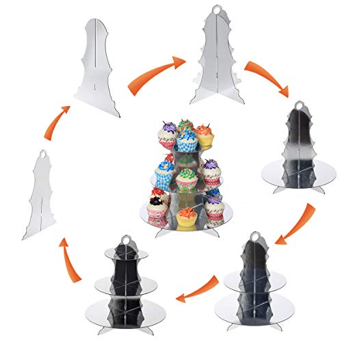 UltraOutlet Set of Three 3 Tiers Silver Cardboard Cupcake Stands, Disposable Paper Cupcake Holder Towers for Weddings, Birthday Parties, Baby Showers and Graduations