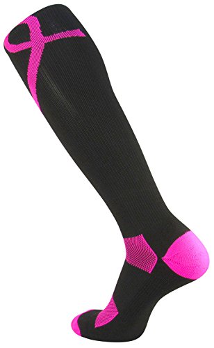 TCK Sports Breast Cancer Awareness Ribbon Over The Calf Socks, Black/Hot Pink, X-Large