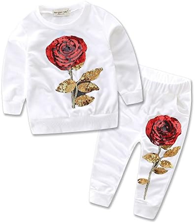 black white Sequin Rose Cotton Set girls baby clothes 2pcs Pants suit Size 3-7Y (tag：140/6-7Y, white)