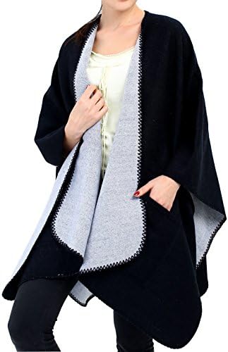 Women Poncho Blanket Scarf Wrap - DECO Wool Pocket Reversible Black White Poncho Cape Ruana Cardigan Multi Shawl Pullover Knit Front Open Kimono Sweater