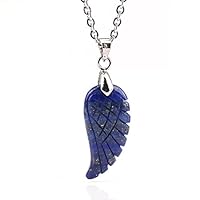 Natural Gemstone Handmade Carved Angel Wing Reiki Healing Chakra Pendant Match Stainless Steel Necklaces 20" (Lapis lazuli)