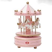 OKOK Vintage Pink Wooden Merry-Go-Round Horse Christmas Birthday Gift Carousel Music Box, Clockwork Mechanism Laxury Carousel Music Box