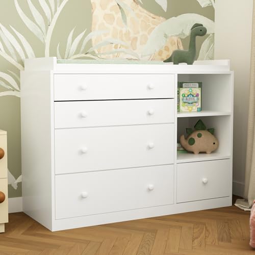 Timechee Changing Table Dresser, Baby Classic Nursery Dresser with 5 Drawers and 2 Shelves, Multi-Functional Baby Changing Table, Diaper Changing Station for Children's Room, White