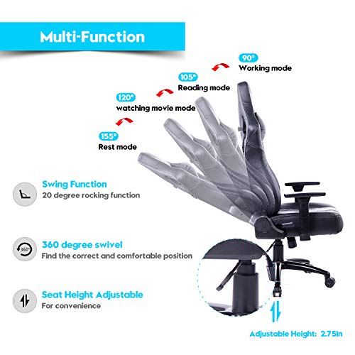 Blue Whale Big and Tall Gaming Chair Computer Chair with Massage Lumbar Support Heavy Duty Matel Base Gamer Racing PC Gaming Chair High Back Ergonomic Office Desk PU Leather Reclining Chair Black - Thumbnail 4