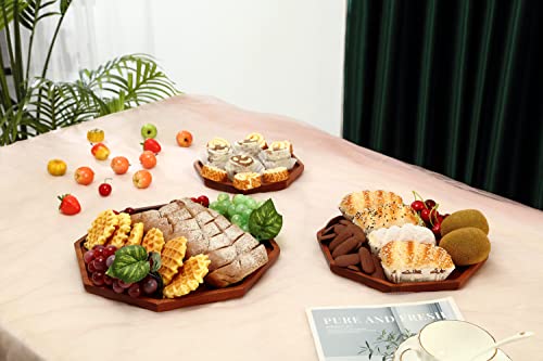 GMWD Set of 3 Ebony Wood Serving Trays, Food Tray Platter Octagon Dessert Plates Wooden Decorative Tray Charcuterie Board for Serving Breakfast Snacks Bread Fruit Party Appetizers