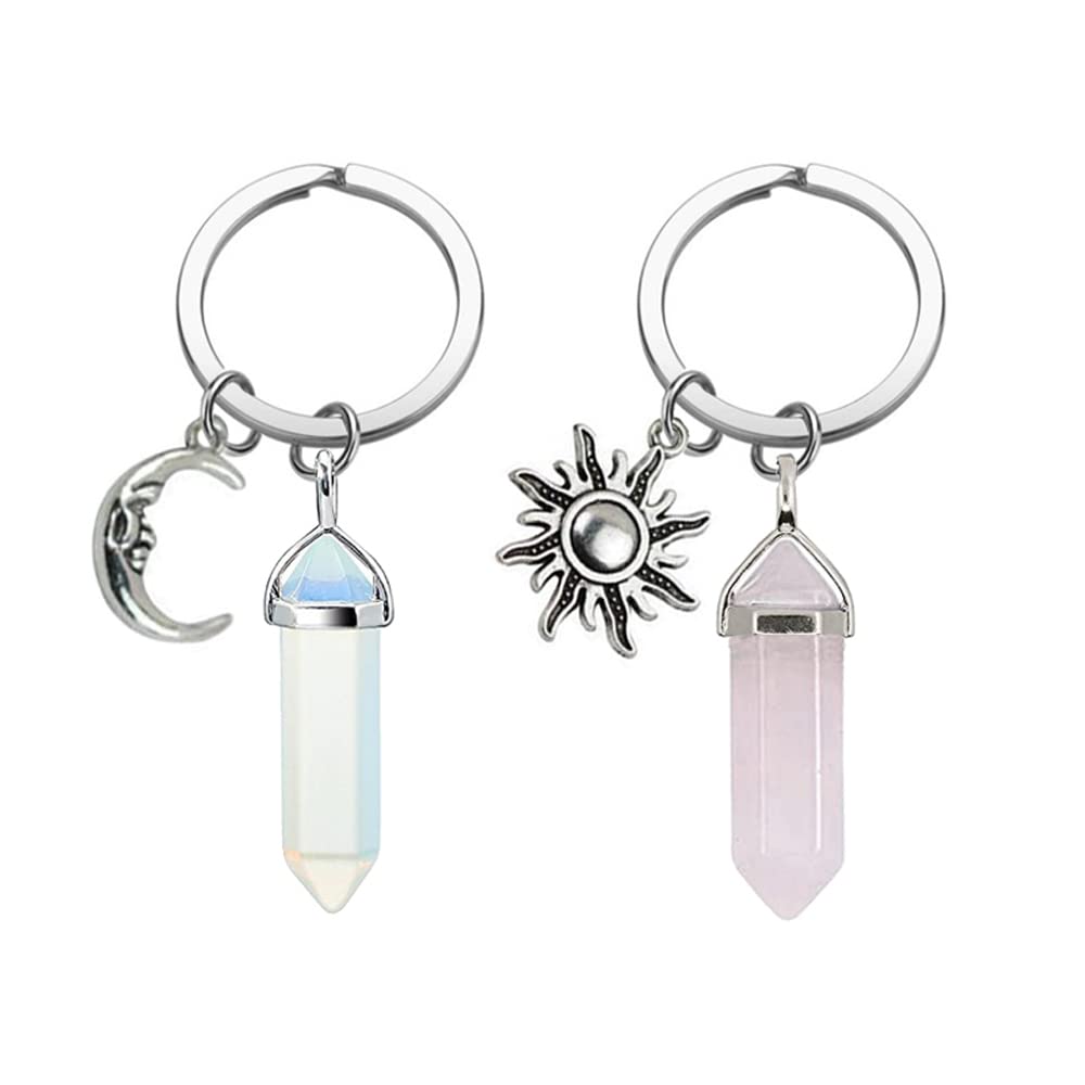 Nifocc 2 Pcs Moon Sun Pendant Crystal Keychain Healing Stones Couple Keychains Friendship Keyring Hexagonal Crystal Keyring for Couples Friend Christmas Valentines Day Birthday Souvenir