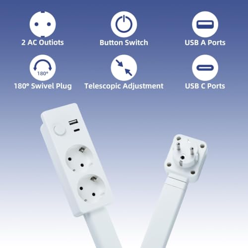 180° Swivel Extendable Power Strip 45-71 cm with 2 Outlets USB-A and USB-C, Extension Plug for Bedside, Desk, Sofa and Office