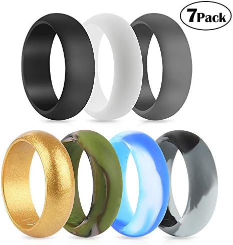 POPSPARK Silicone Wedding Rings for Men, Durable 7 Packs Silicone Ring Non-toxic Comfortable Silicone Wedding Bands for Yoga, Crossfit, Weight Lifting, Fitness