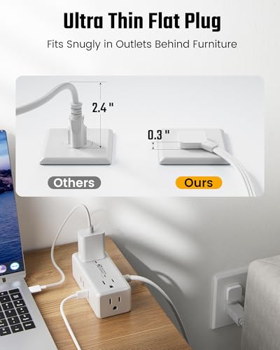 6 Ft Flat Plug Extension Cord with Multiple Outlets, SUPERDANNY Surge Protector Power Bar with 4 Outlets & 4 USB Ports (2 USB C), Small Outlet Extender for Home, Office Supplies, Dorm, Travel, White