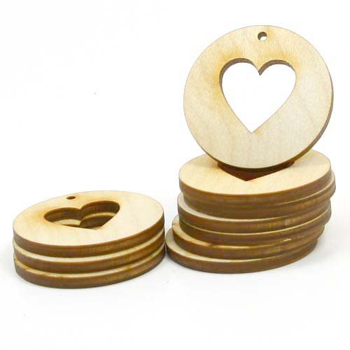 Mylittlewoodshop - Pkg of 25 - Circle Cutout - 1-1/2 inches in diameter with 3/4 heart cutout and 1 2mm hole and 1/8 inch thick unfinished wood(LC-CC-CIR05-26)