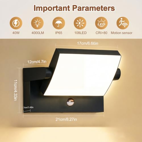 GXXG 40W Applique Murale Exterieur avec Détecteur de Mouvement 4000Lm Noir Applique Interieur avec panneau LED pivotant à 350° 3000K Blanc Chaud Projecteur Exterieur étanche IP65