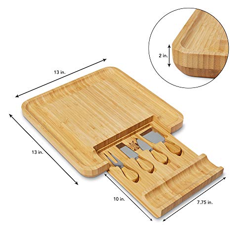 Bamboo Cheese Board- Cutlery Set Included- Pull Out Drawers- 100% Natural Bamboo- Ultimate Cheese And Meat Board- Precise Craftsmanship- Entertaining Gift- Meat Serving Tray