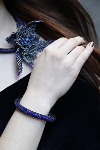 Purple &amp; Dark Blue Handmade Jewelry Set Beaded Necklace, Women's Wrap Bracelet and Earrings. Aristocratic Luxuries Elegant Delicate With Beautiful Abstract Flower Valentine's Day Gift Idea.