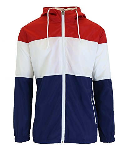 Spire Mens Red White and Blue Classic Full Zip Windbreaker with Attached Hood Size Medium - Thumbnail 2