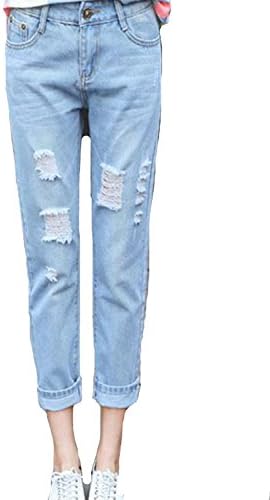 Vcbpq 美脚 九分丈 ダメージ ジーンズ レディース クロップド デニム パンツ ライトブルー28 ジーンズ 通販 Amazon