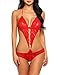 ADOME Women Lingerie Deep V Halter Lace Babydoll Mini Bodysuit, Style1-red, Large