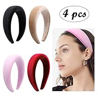 PANTIDE 4 Pcs Thick Velvet Headband 90s Wide Padded Hair Hoop Fashion Elastic Hairband Hair Accessories for Women and Girls