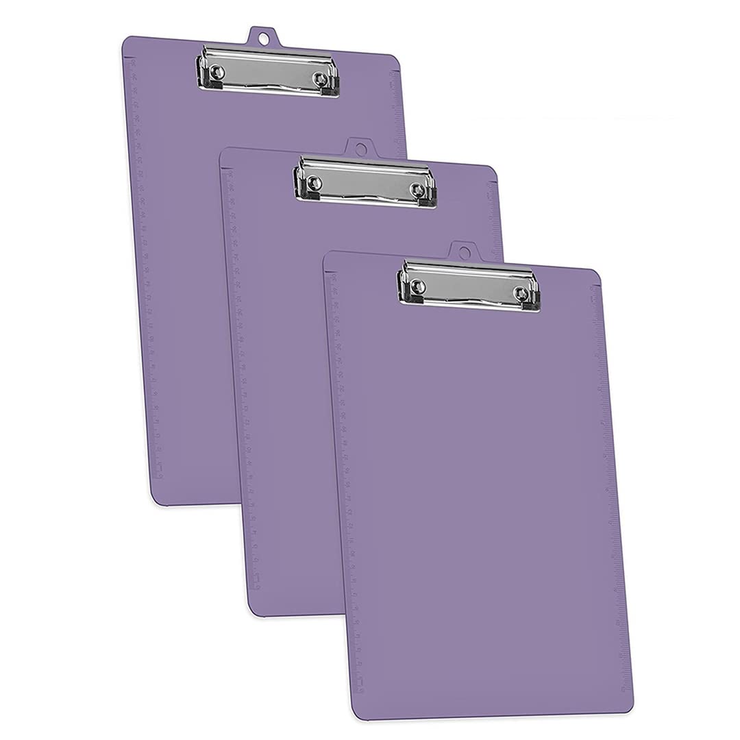 Acrimet 3 Pack Clipboard Letter Size A4 (34 cm x 24 cm) Low Profile Clip & Side Rulers, Durable Plastic for Office, School, Home Use - Solid Purple Color