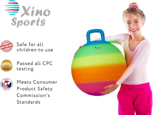Xino Sports Hopping Ball for Kids - Rainbow Bouncy Ball with Handle, Fun Indoor and Outdoor Toy for Exercise & Play, Hopper for Jumping, Safe and Durable (18 Inch Diameter)