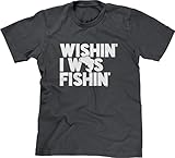 Blittzen Mens T-shirt Wishin I Was Fishin, L, Charcoal