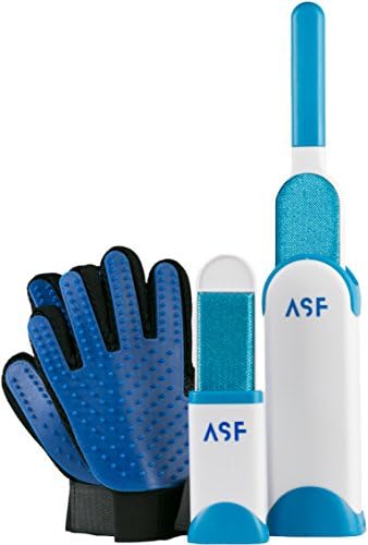 Pet fur &amp; lint remover for furniture, cars, clothes &amp; more - reusable brush with self-cleaning base - travel size kit included - A pair of grooming - deshedding &amp; massage gloves for dogs and cats.