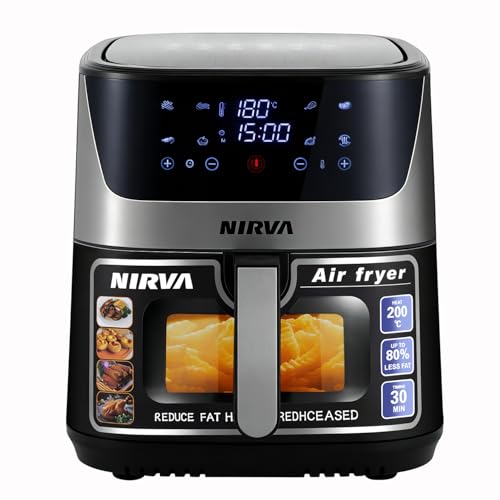 Nirva Hot Air Fryer 8.5 L, Oil-Free, 1700 W Large Airfryer, Roasting, Baking, Air Fry, Non-Stick Coating, Dishwasher Safe Basket, Viewing Window, Black/Stainless Steel, For Individuals or Families