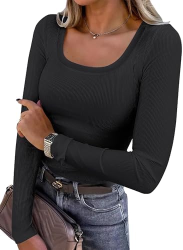 Women's Long Sleeve Crew Neck Ribbed Knit Tops Slim Fit Casual