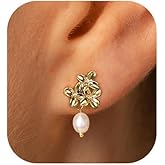 Gold Pearl Flower Stud Earrings for Women Dangling, 14k Gold Plated Small Dainty Pearl Drop Earrings Studs Pearl Dangle Dangly Earrings for Women Gold Jewelry Non Tarnish