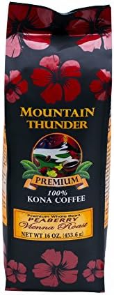 100% Kona Coffee - Peaberry - Whole Bean - Vienna Roast - 16 Ounce Bag - by Mountain Thunder Coffee Plantation