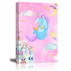 Canvas Wall Art - Hand Drawn Unicorn with Castle Stars and The Moon - Giclee Print Kid