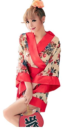 JUX Cosplay Women's Japanese Kimono Yukata Style Costume Floral Red