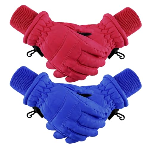 Photo 1 of 2 Pairs Kids Winter Ski Gloves Waterproof Warm Snow Mittens Full Finger Gloves for Toddlers Infants (Red, Royal Blue, 1-3 Years)