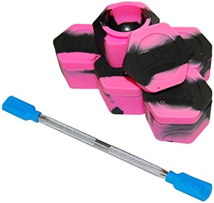 5 Pink &amp; Black Honeycomb Nonstick Platinum Cured Kitchen Storage Silicone Jar Container with 4" Carving Tool Blue Removable Tips