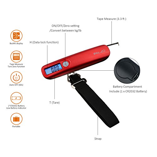 Elzo Digital Luggage Scale with Tape Measure for Travel Baggage Weight & Dimension Measurement, Velvet Carry Protective Bag and CR2032 Lithium Included (Red) - Thumbnail 2