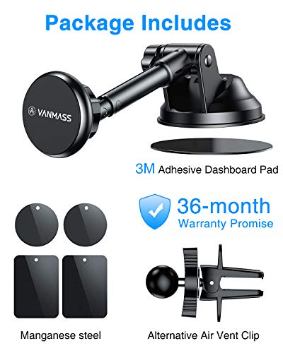 VANMASS Magnetic Phone Car Mount with 6 Powerful Rare-earth Magnets, Durable Aluminium Alloy Structure, Super Sticky Suction Cup, Cell Phone Holder for Car Dashboard Windshield Air Vent, for All Phone