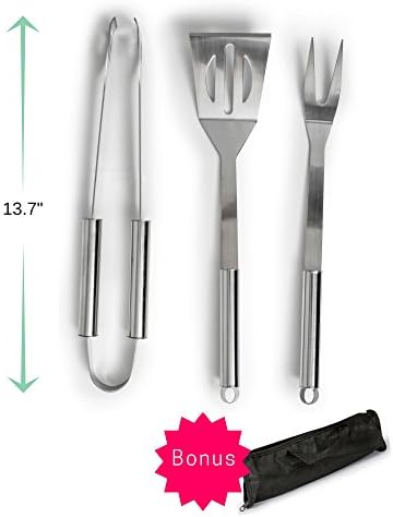 Grill Utensils - 3 Piece Barbecue Tools - Tongs, Spatula and Fork - Oxford Fabric Carry Case - Made of Heavy Duty Stainless Steel Materials with Rush Proof - Dishwasher Safe