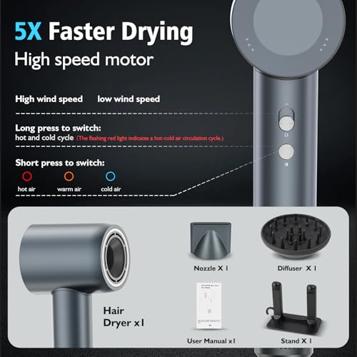 Professional Hair Dryer with Diffuser and Nozzles, 59 dB Low Noise Ionic Hair Dryer, 160,000 RPM Brushless Motor, Hair Dryer with 3 Temperatures and 2 Speed, Grey
