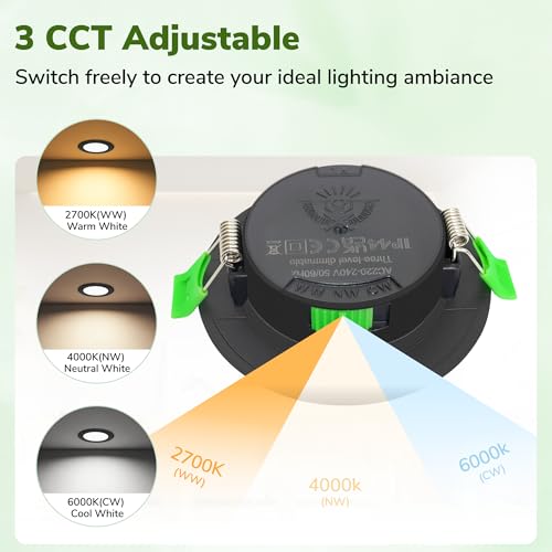 Laiebri Pack of 4 Recessed LED Spotlights Extra Flat 25 mm, 6 W, Dimmable 3 Intensities without Dimmer, 2700K 4000K 6000K, IP44 Portholes LED Ceiling, Cut Ø58-68 mm 230V, Black