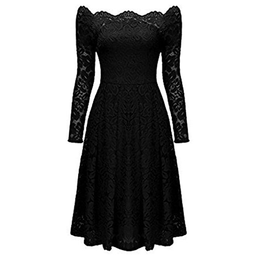 Tsmile Women Dress Casual Vintage Off Shoulder Lace Formal Evening Party Dress Spring Summer Long Sleeve Dress (Black, 2XL) - Thumbnail 3