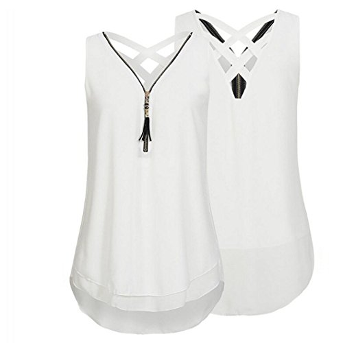 FEITONG 10 Colours Women Loose Plus Size Sleeveless Tank Top Cross Back Hem Layed Zipper V-Neck T Shirts Tops, S-5XL(XXX-Large,White)